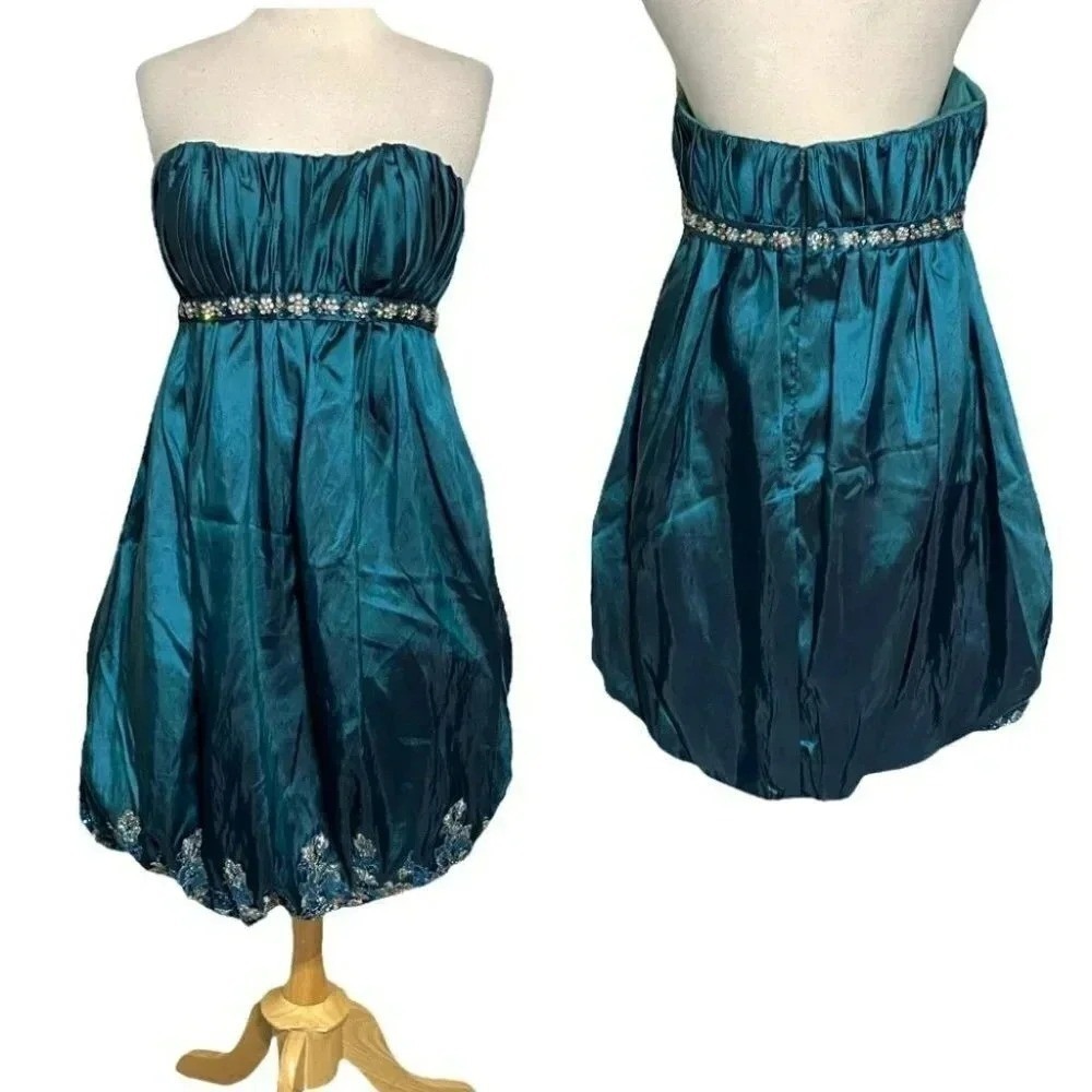 Paris Tony Bowls Strapless Teal Green Bubble Dress Embellished Belt & Hem Size 8